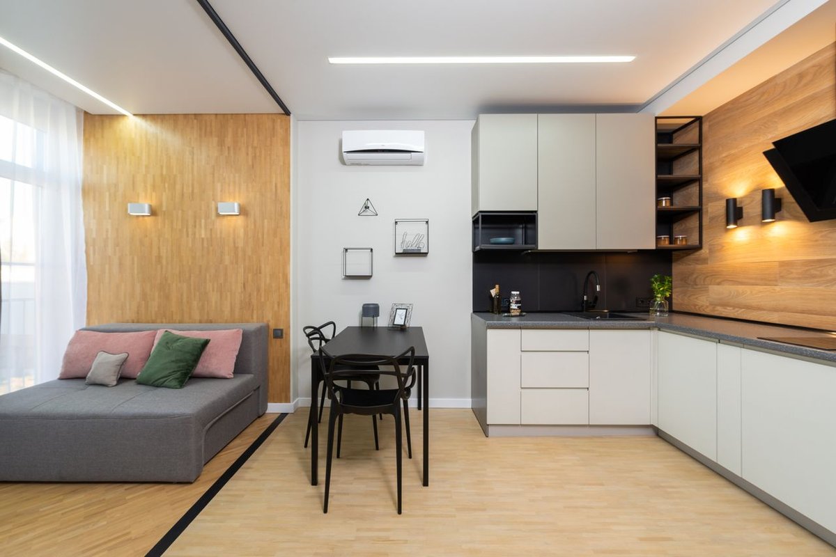Contemporary studio apartment with chic interior design and minimalist decor.