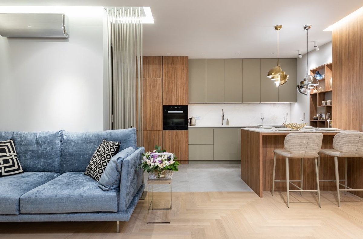 Luxurious open-plan living room and kitchen with modern furnishings and sleek design