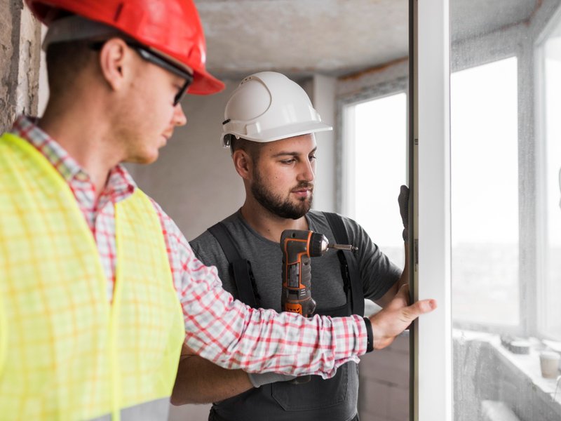 Two construction workers installing or inspecting a window frame in a building under renovation. One wears a red hard hat, safety glasses, and a yellow vest over a checkered shirt, gesturing toward the window. The other, in a white hard hat and gray shirt