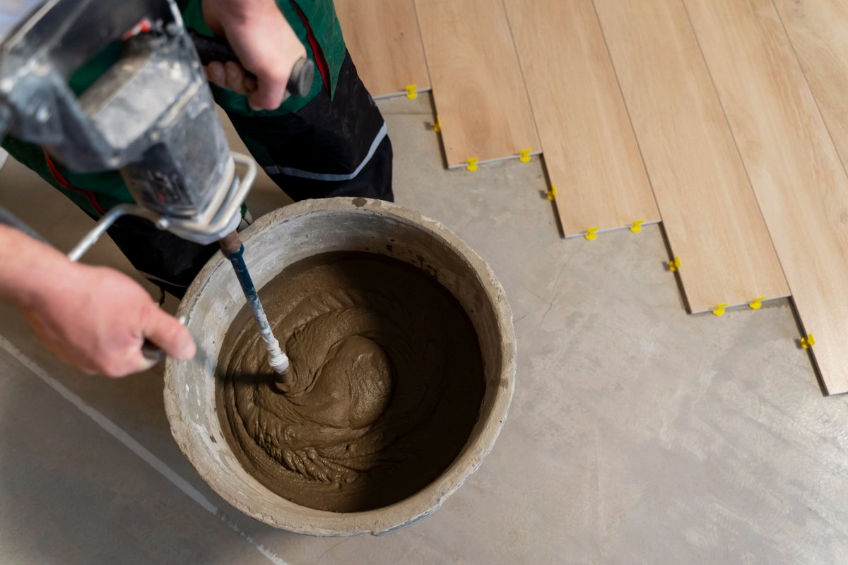 High angle contractor mixing cement for flooring installation