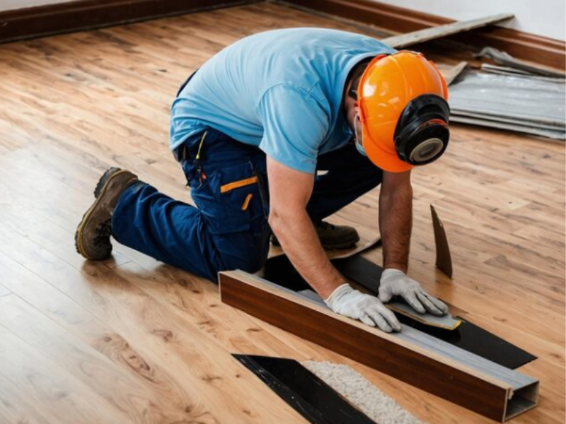 Close-up of a person kneeling on a wooden floor while installing laminate flooring.