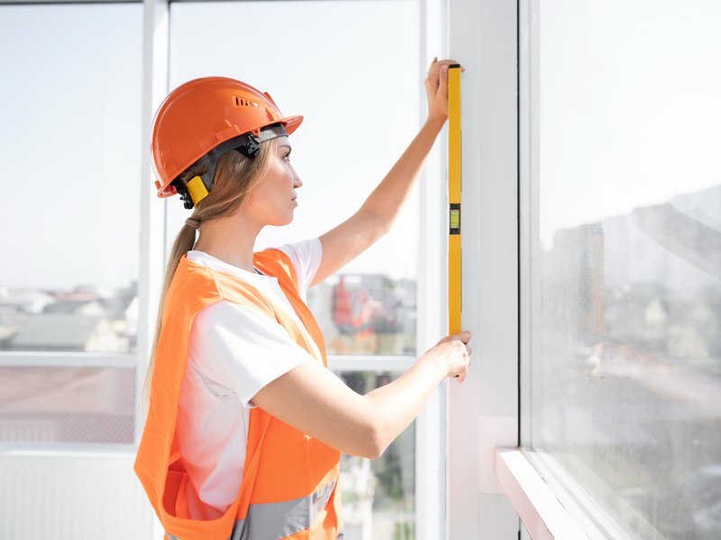 Construction worker wearing an orange hard hat and safety vest uses a yellow spirit level to check the vertical alignment of a window frame indoors, with city buildings visible through the glass.