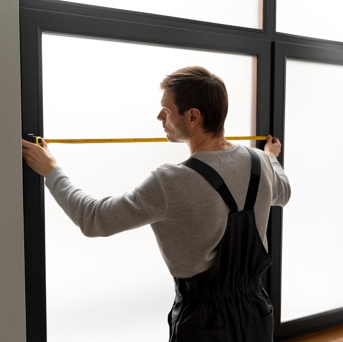 Person in gray shirt and black overalls measuring a large window with frosted glass panels using a yellow tape measure. The black-framed window lets in soft light, suggesting a home improvement or custom blind fitting project.