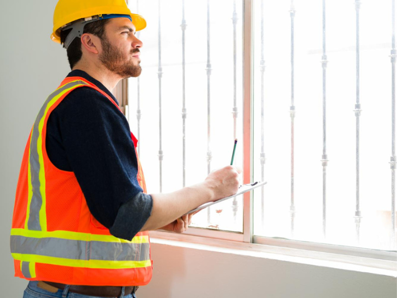 Person in a yellow hard hat and orange safety vest writing on a clipboard during an indoor inspection beside a window with vertical metal bars.